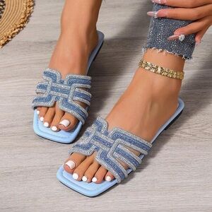 Veloura Rhinestone Blue Slide Sandals Women Luxury Slip-On Summer Flats
